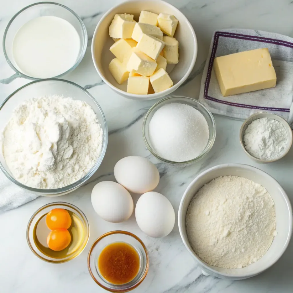 Moist Vanilla Sheet Cake – Soft, Fluffy & Bakery-Style 6 Flat lay of ingredients for vanilla sheet cake on marble