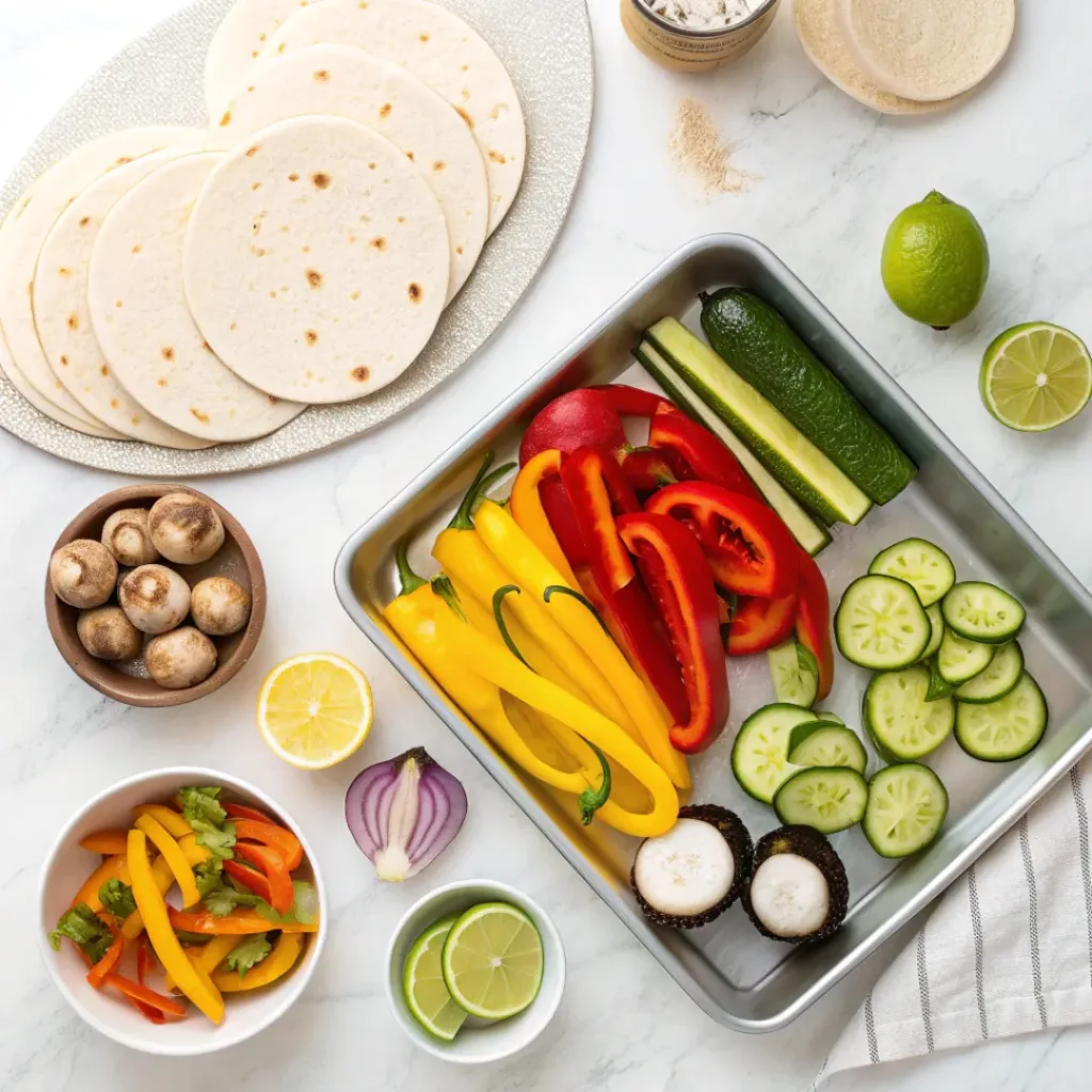 Sheet Pan Veggie Fajitas – Perfect Weeknight Meal 6 Flat lay of ingredients for veggie sheet pan fajitas