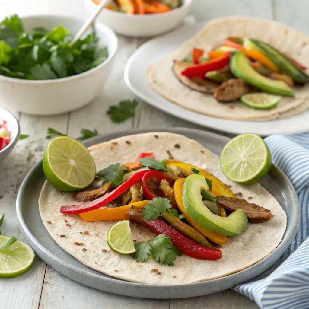 Sheet Pan Veggie Fajitas – Perfect Weeknight Meal 8 Veggie sheet pan fajitas served on tortillas with lime