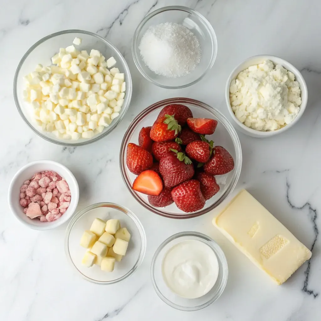 Flat lay of ingredients for white chocolate strawberry truffles