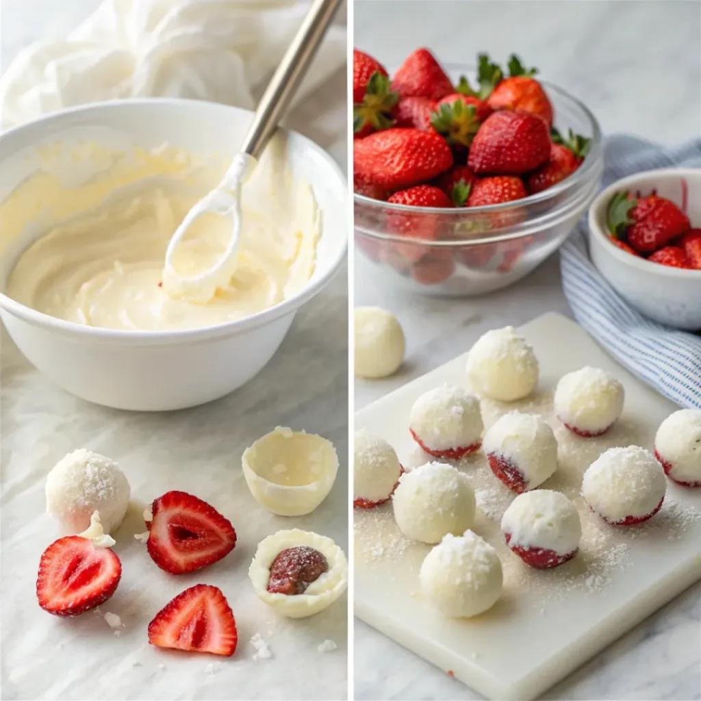 Step-by-step collage of making white chocolate strawberry truffles