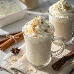 Served White Hot Chocolate in clear glass mug with whipped cream