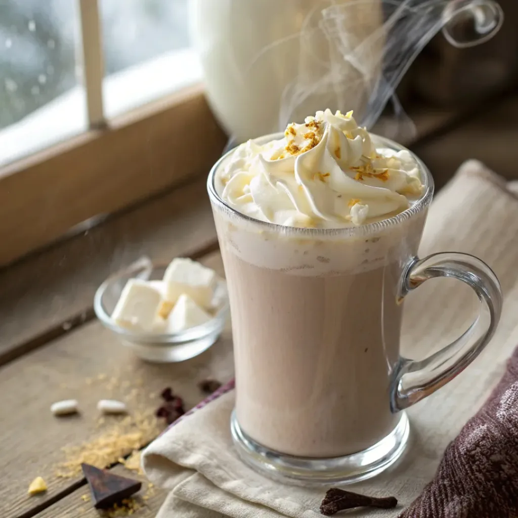 Served White Hot Chocolate in clear glass mug with whipped cream