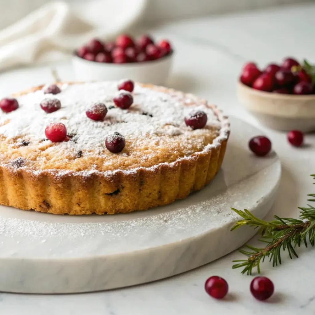 Golden cranberry cake dusted with powdered sugar on a marble surface.