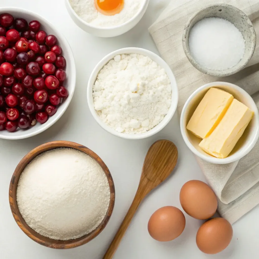Flat lay of ingredients for making cranberry cake.