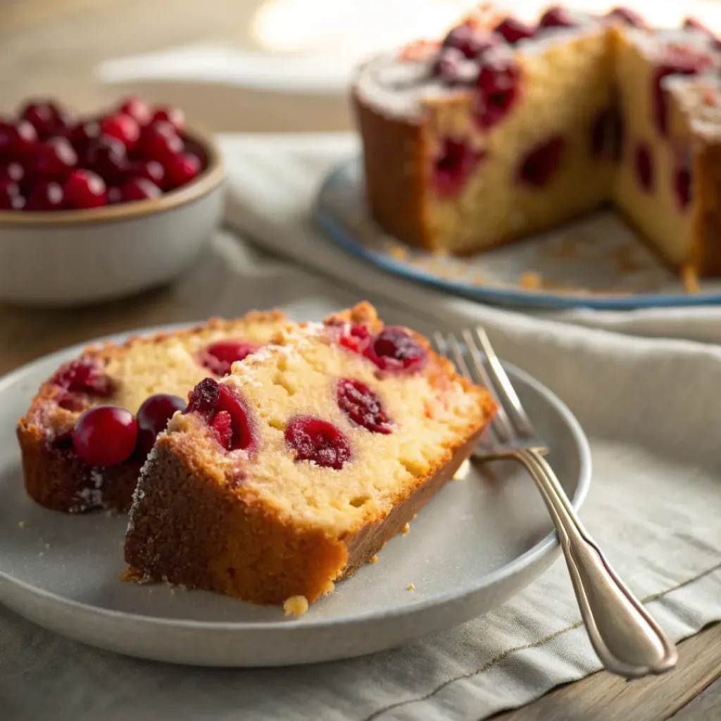 Slices of cranberry cake on a plate showing fresh cranberries inside.