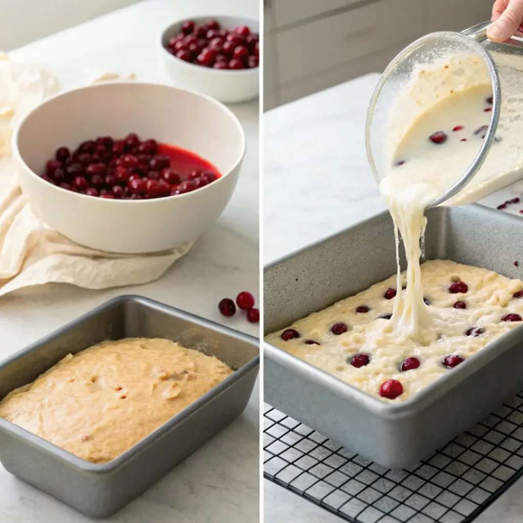 Step-by-step collage showing how to make cranberry cake.