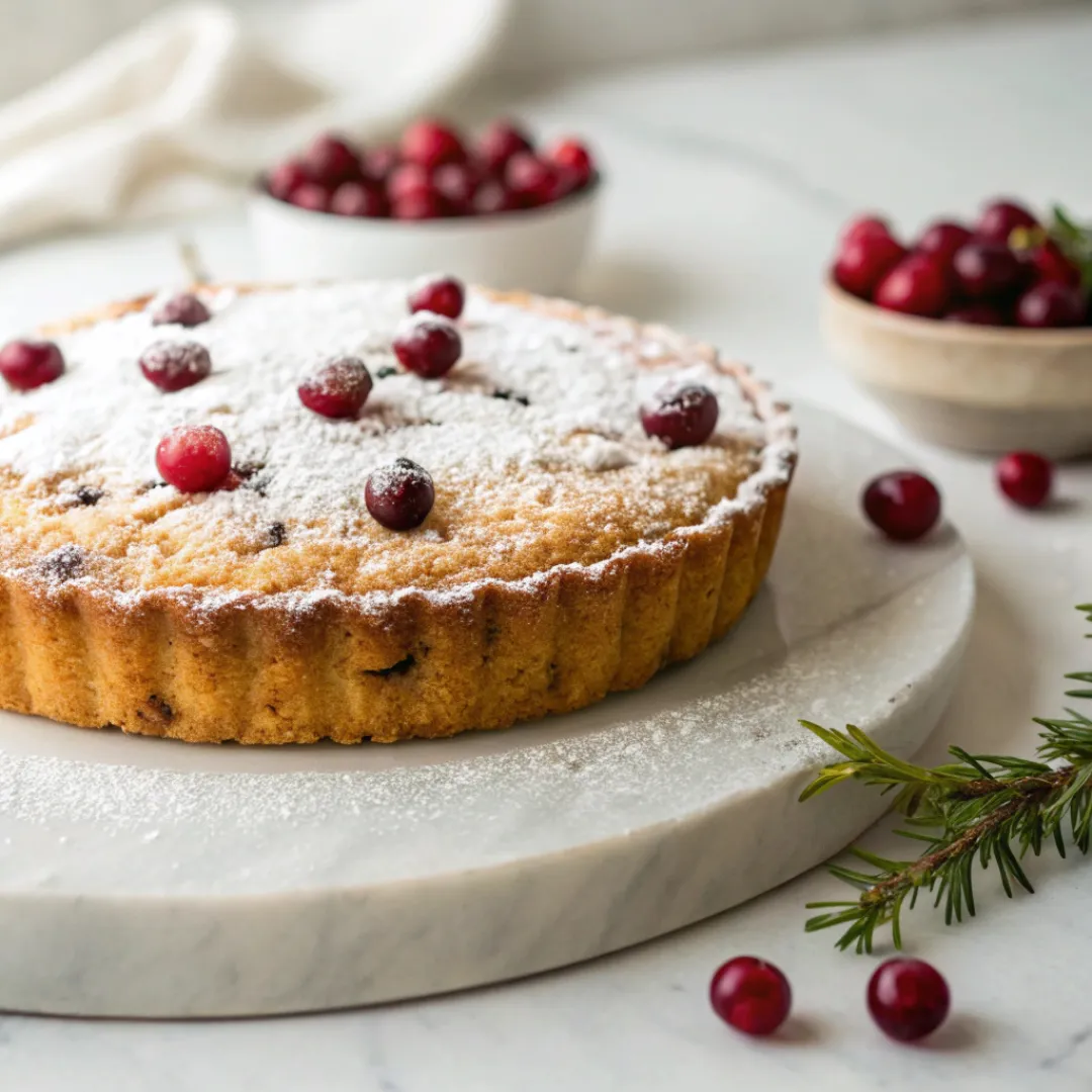 Golden cranberry cake dusted with powdered sugar on a marble surface.