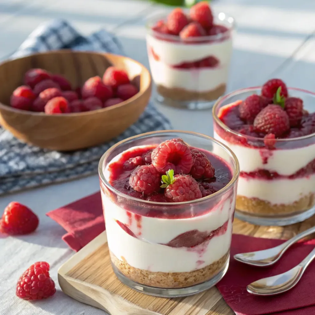 Raspberry Cheesecake Cups in glass cups