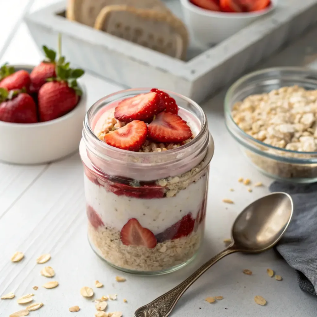 Strawberry cheesecake overnight oats in a jar
