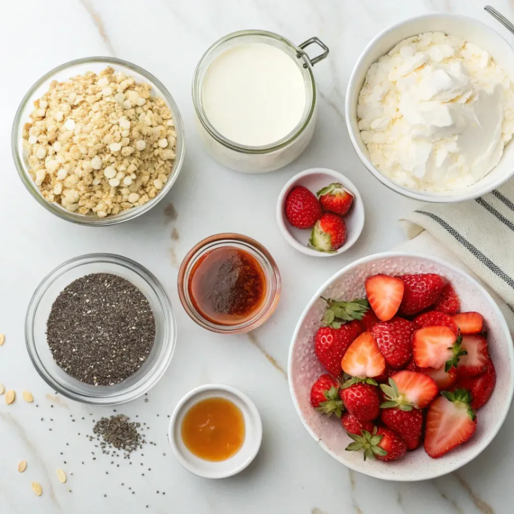 Strawberry cheesecake overnight oats ingredients flat lay