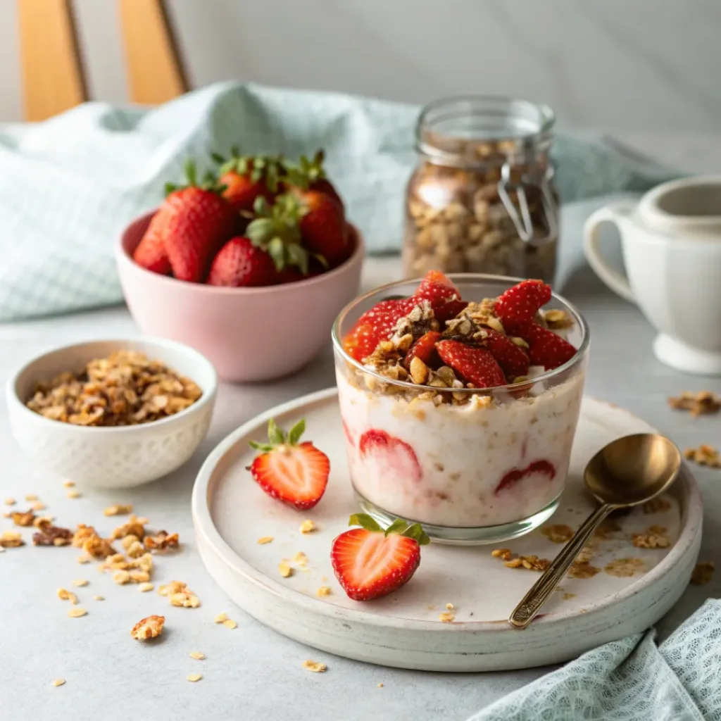 Strawberry cheesecake overnight oats served for breakfast
