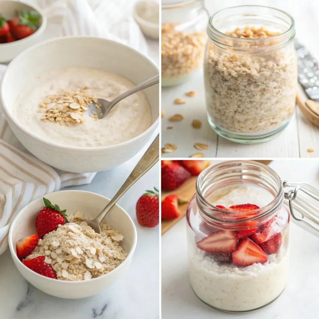 Step-by-step strawberry cheesecake overnight oats process