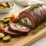 Sliced stuffed beef tenderloin showing herb and cheese filling