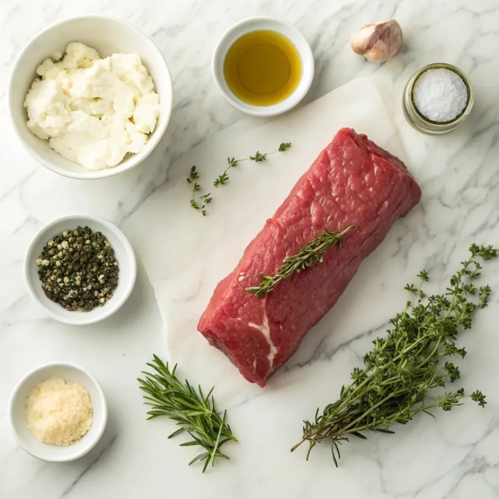 Flat lay of ingredients for stuffed beef tenderloin