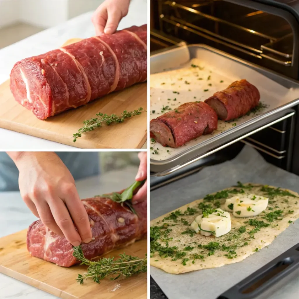 Step-by-step collage of making stuffed beef tenderloin