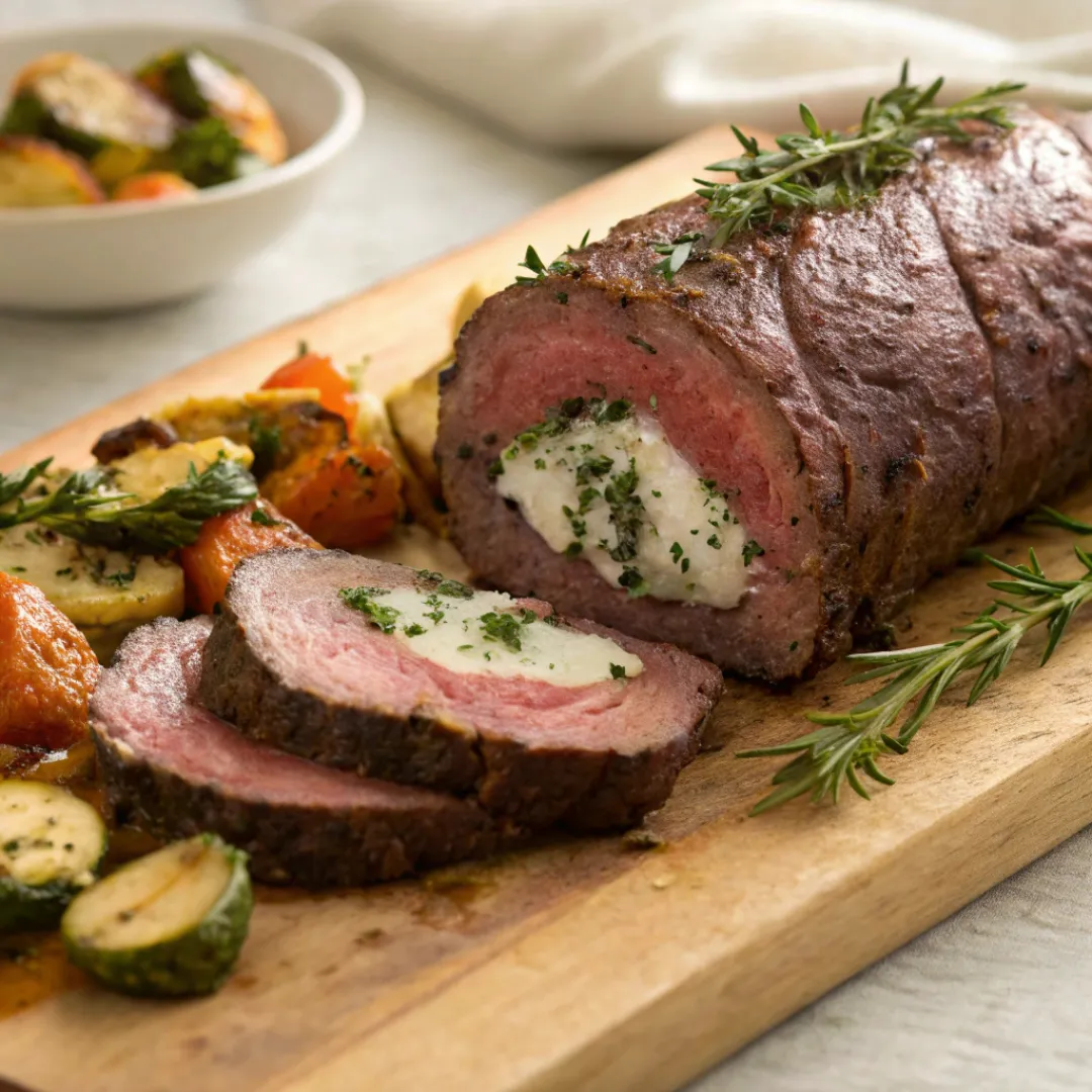 Sliced stuffed beef tenderloin showing herb and cheese filling