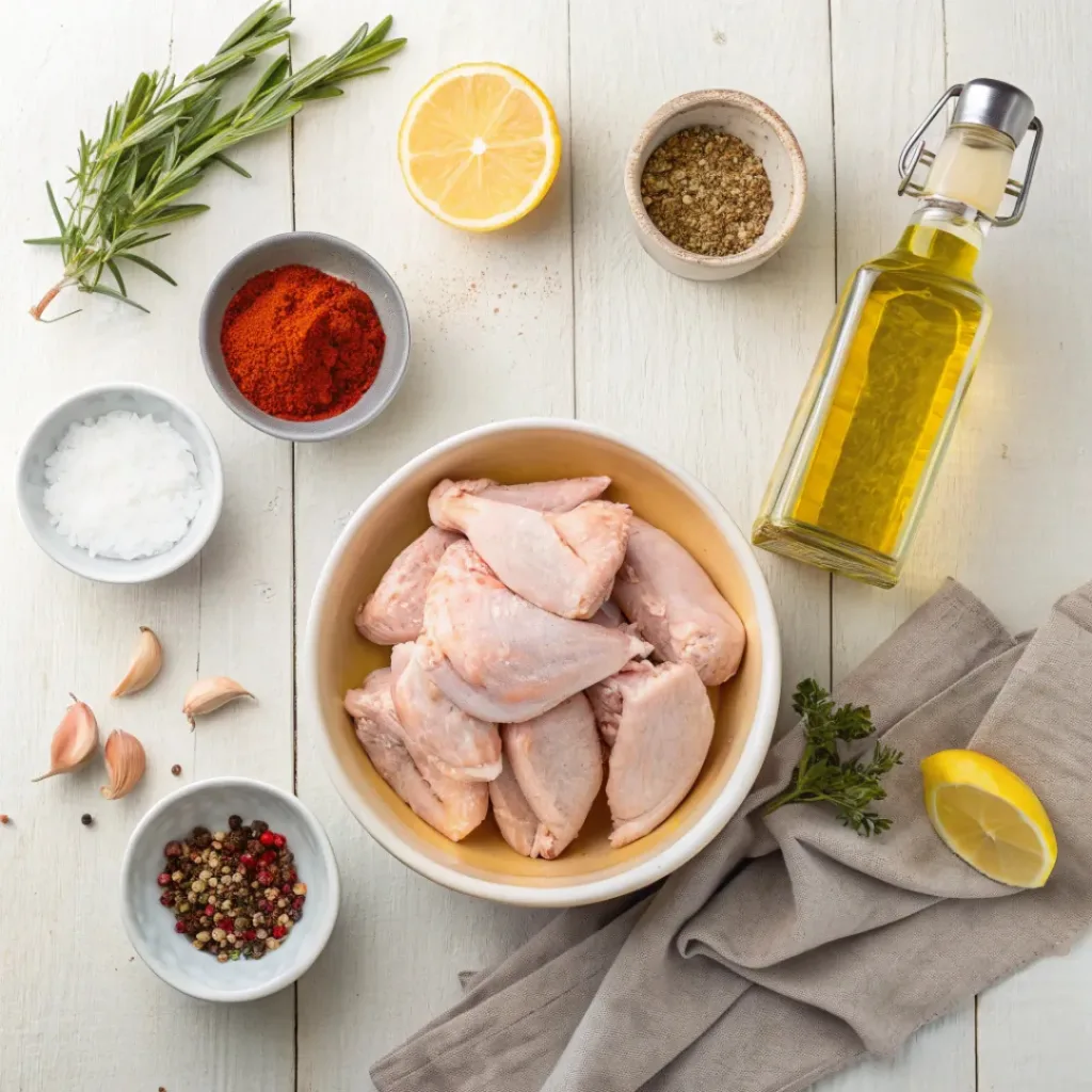 Top-down view of raw chicken wings and seasoning ingredients for air fryer wings