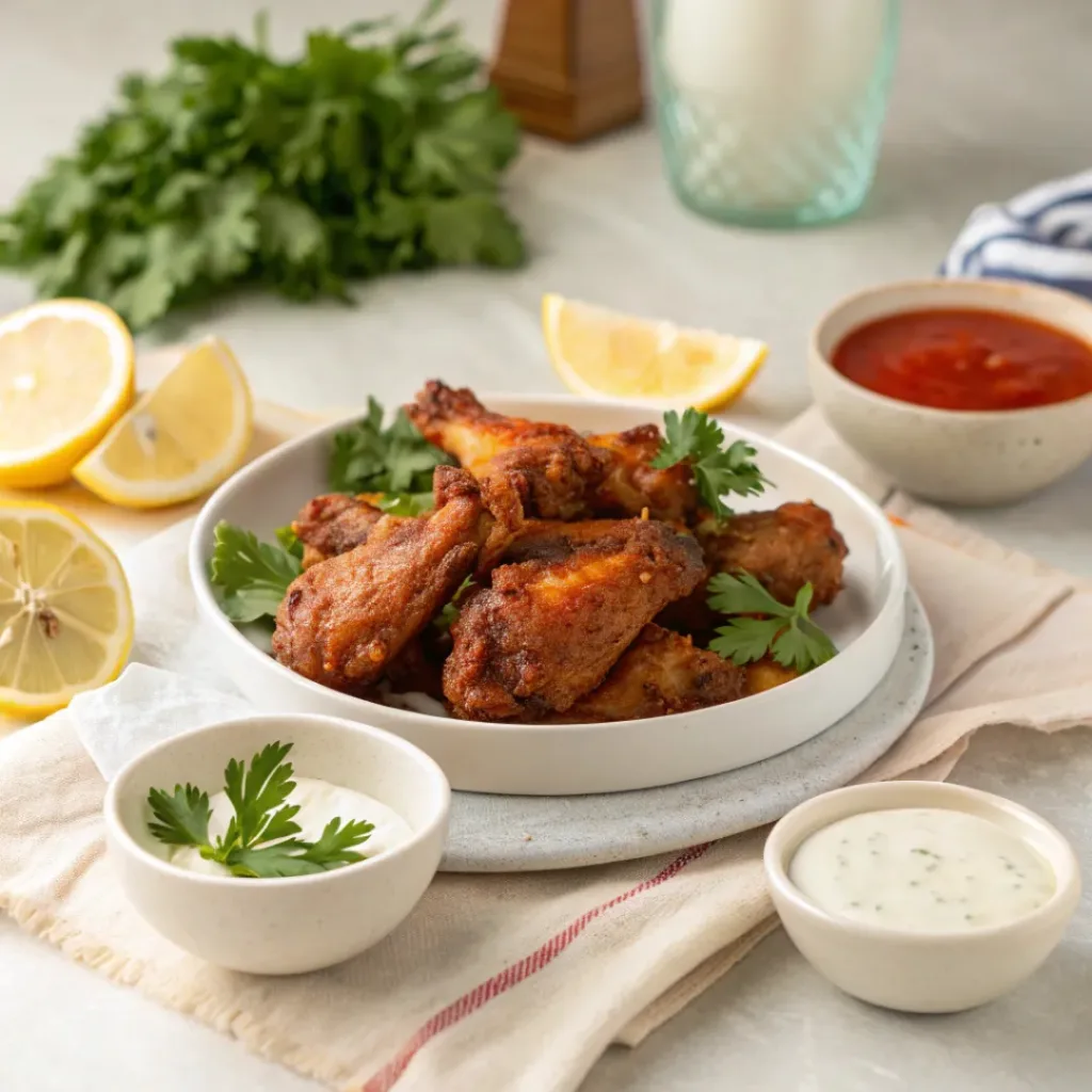 Golden crispy air fryer wings on a plate with parsley, lemon wedges, and dipping sauces