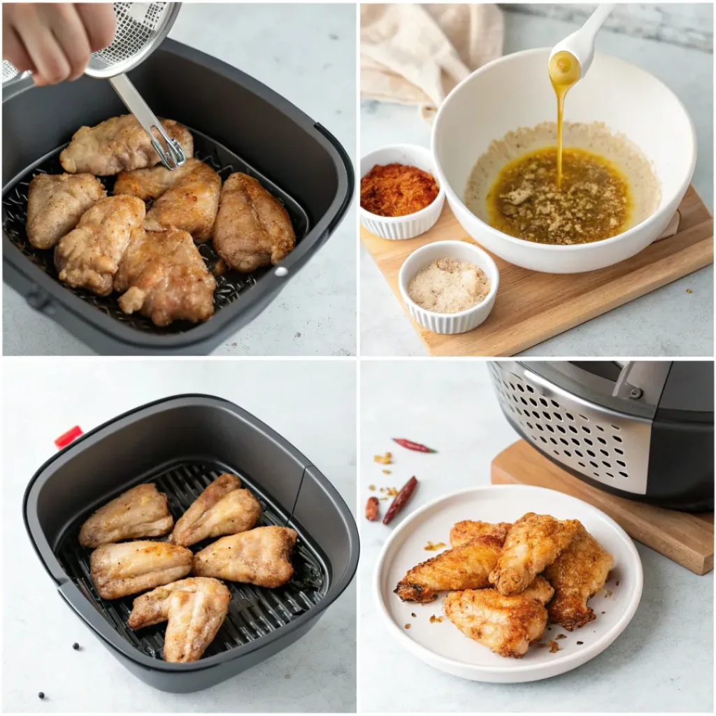 Collage showing four steps to make air fryer chicken wings: seasoning, arranging, cooking, and serving