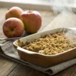 Apple crisp with golden oat topping in baking dish