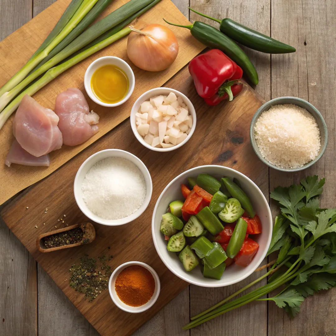 Flat lay of Louisiana gumbo ingredients
