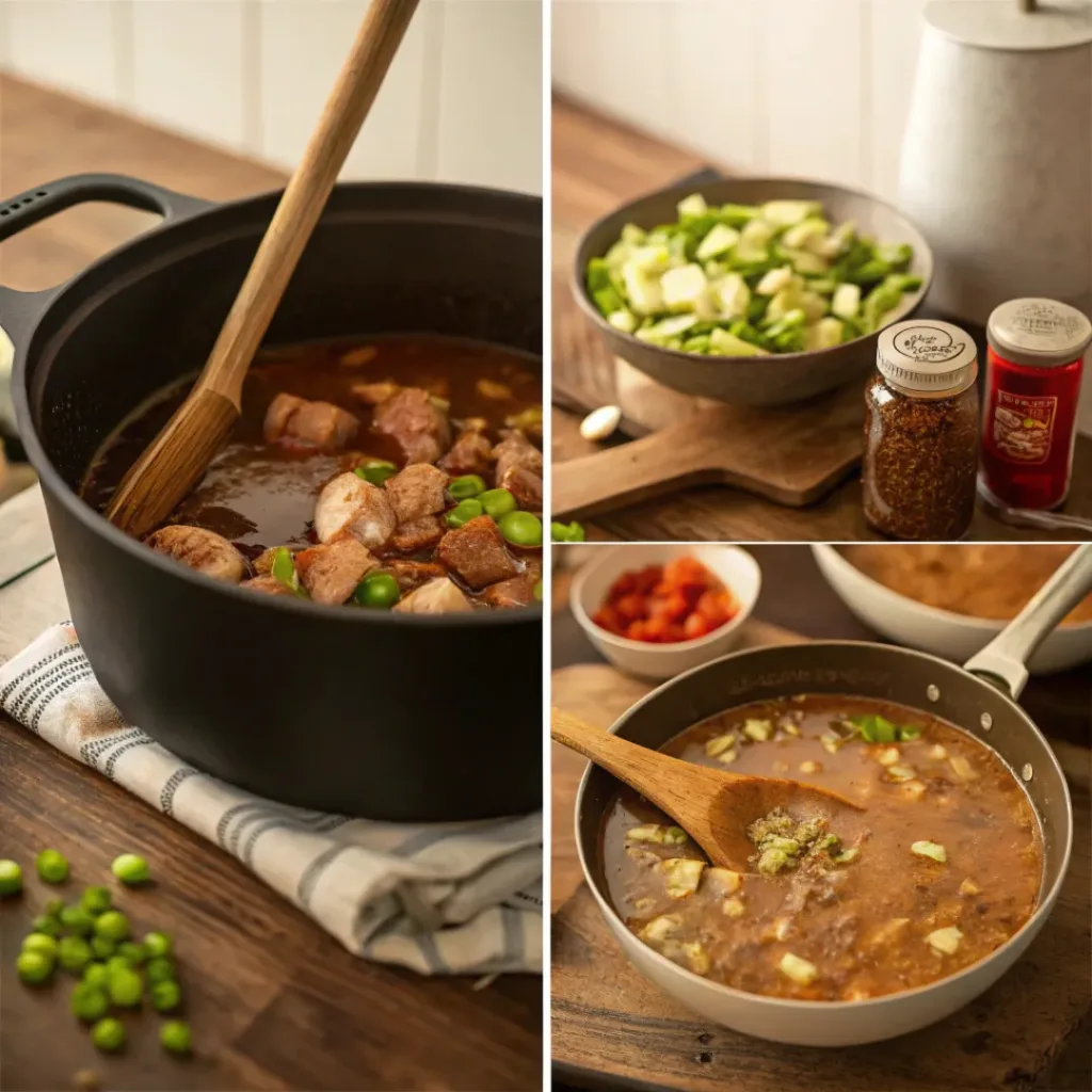 Steps showing roux and gumbo cooking