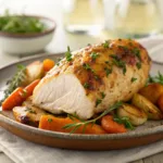 Golden baked chicken breast with roasted vegetables