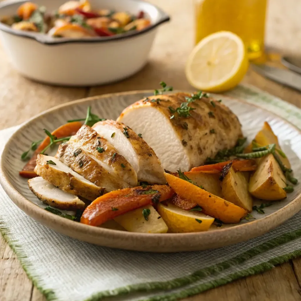 Sliced baked chicken breast served with roasted vegetables and lemon