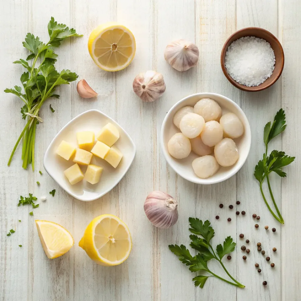 Baked Scallops – Tender, Flavorful Seafood 6 Flat lay of ingredients for baked scallops