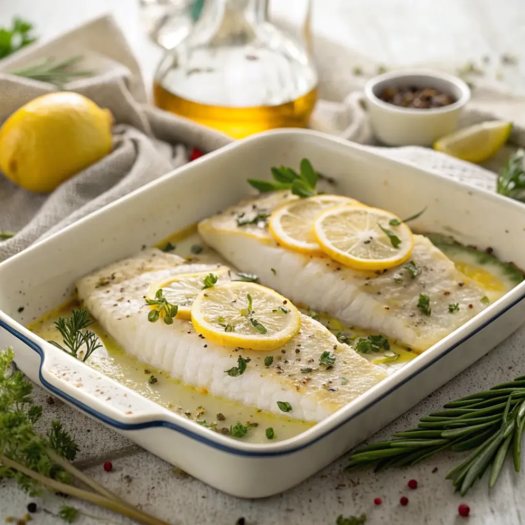Baked white fish fillets with lemon and herbs
