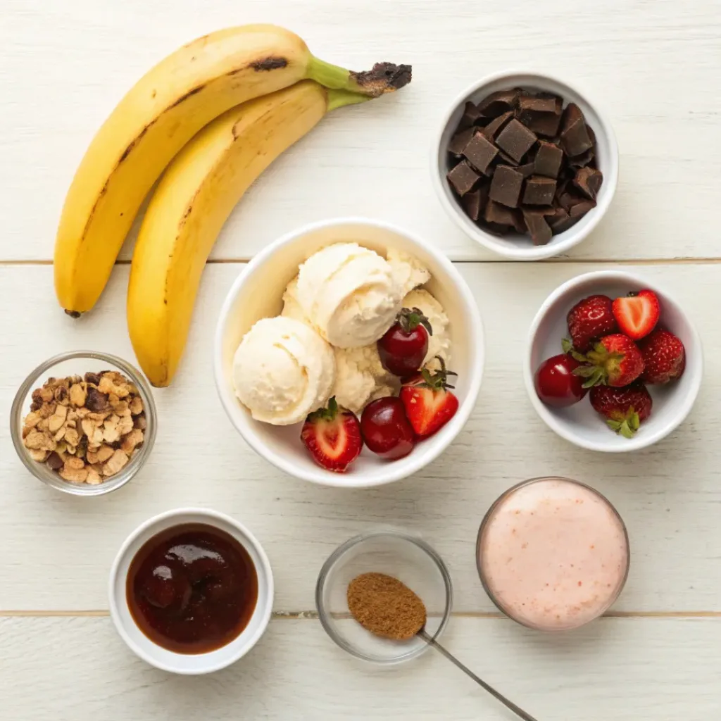 Flat lay of ingredients for homemade banana split