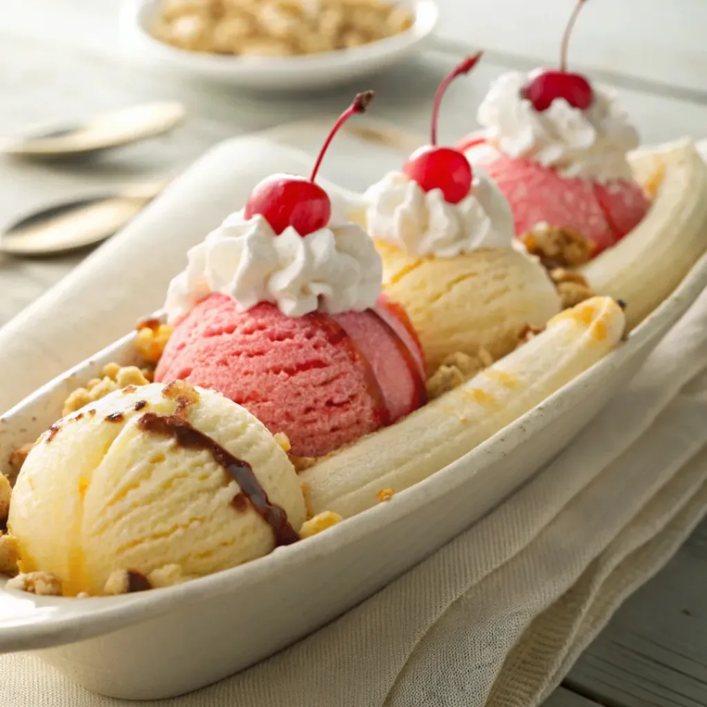 Homemade banana split ready to enjoy