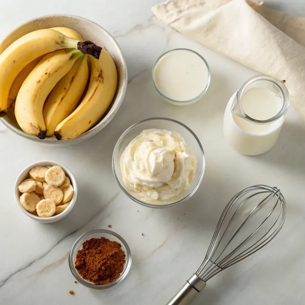 Flat lay of banana trifle ingredients including bananas, pudding, whipped cream, and wafers
