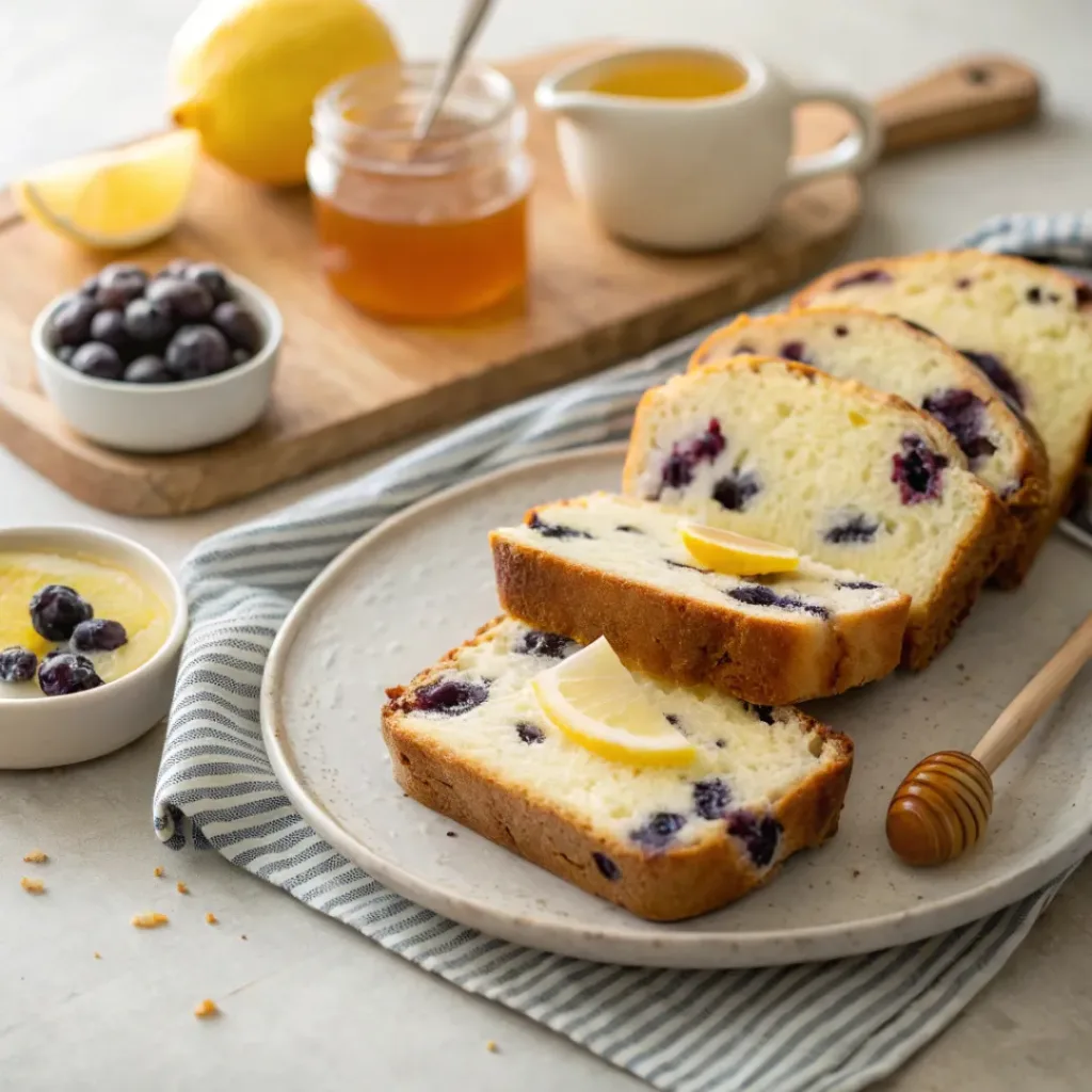 Blueberry lemon sourdough bread slices served with butter