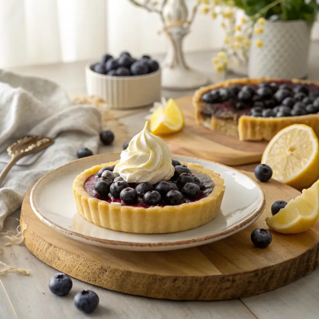 Blueberry lemon tart served with whipped cream 8 Blueberry lemon tart served with whipped cream