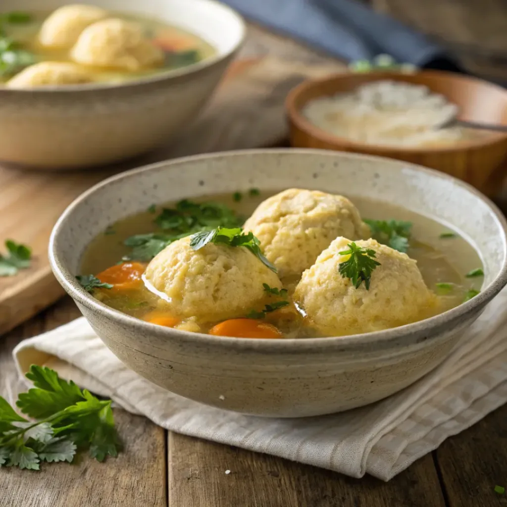 Bowl of matzo ball soup with fresh parsley garnish