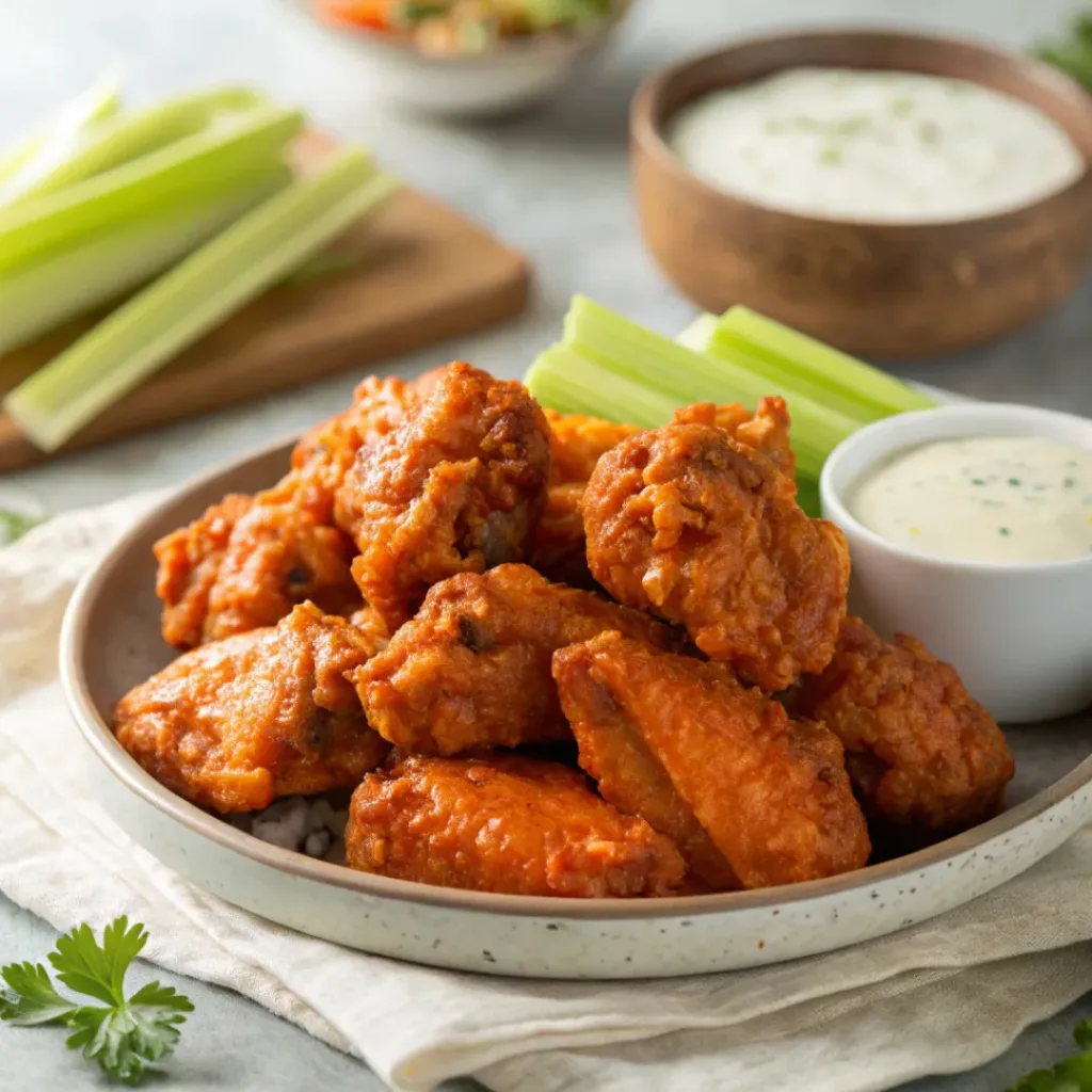 Crispy Buffalo chicken wings with dipping sauce