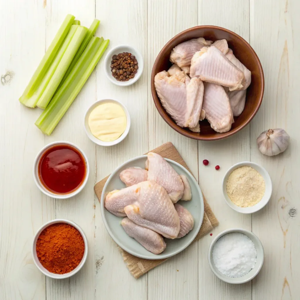 plate of crispy Buffalo wings coated in tangy, spicy sauce, ready to enjoy.