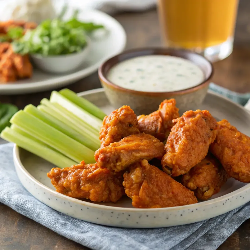 Buffalo wings ready to serve with dipping sauces