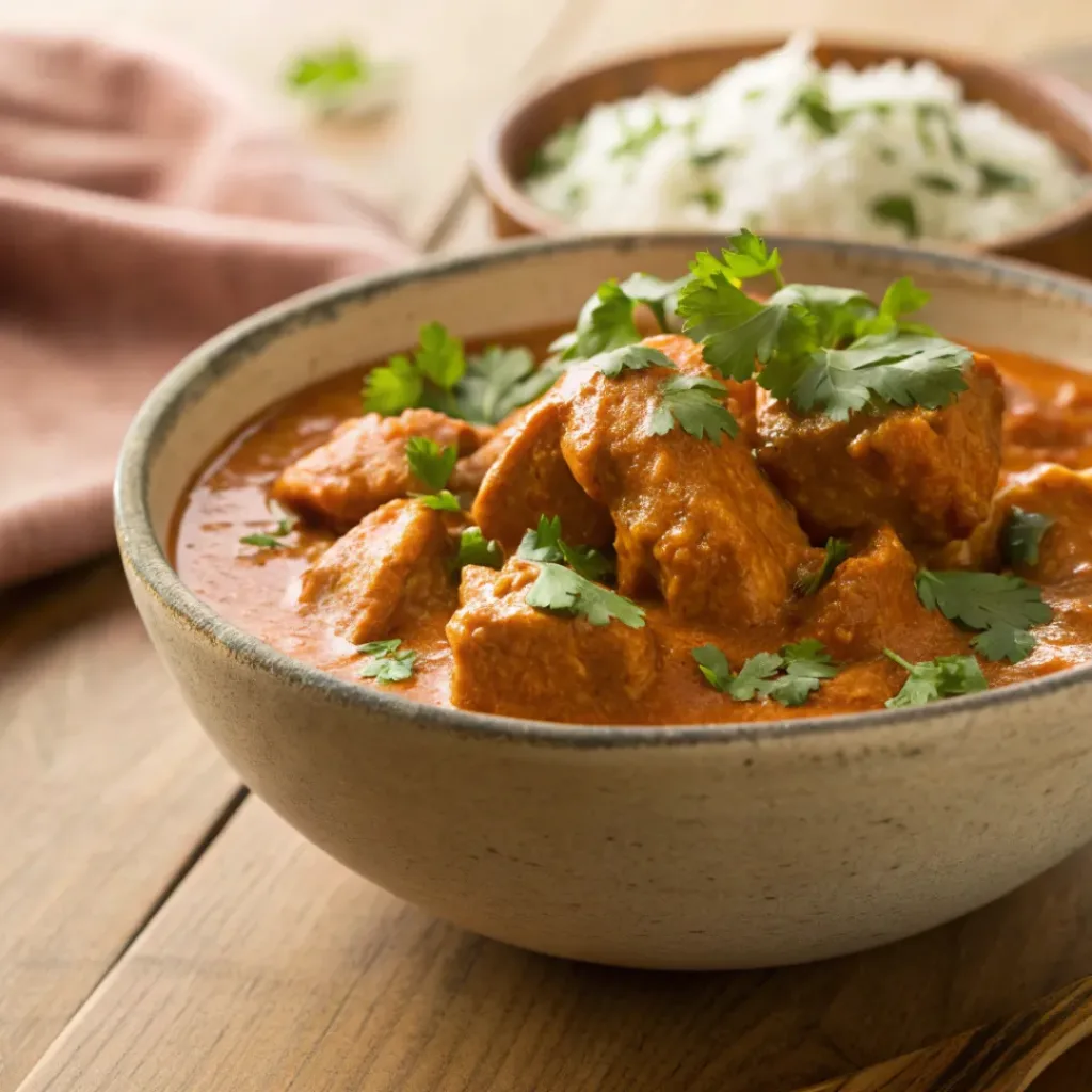 Creamy butter chicken in a rustic bowl with cilantro garnish