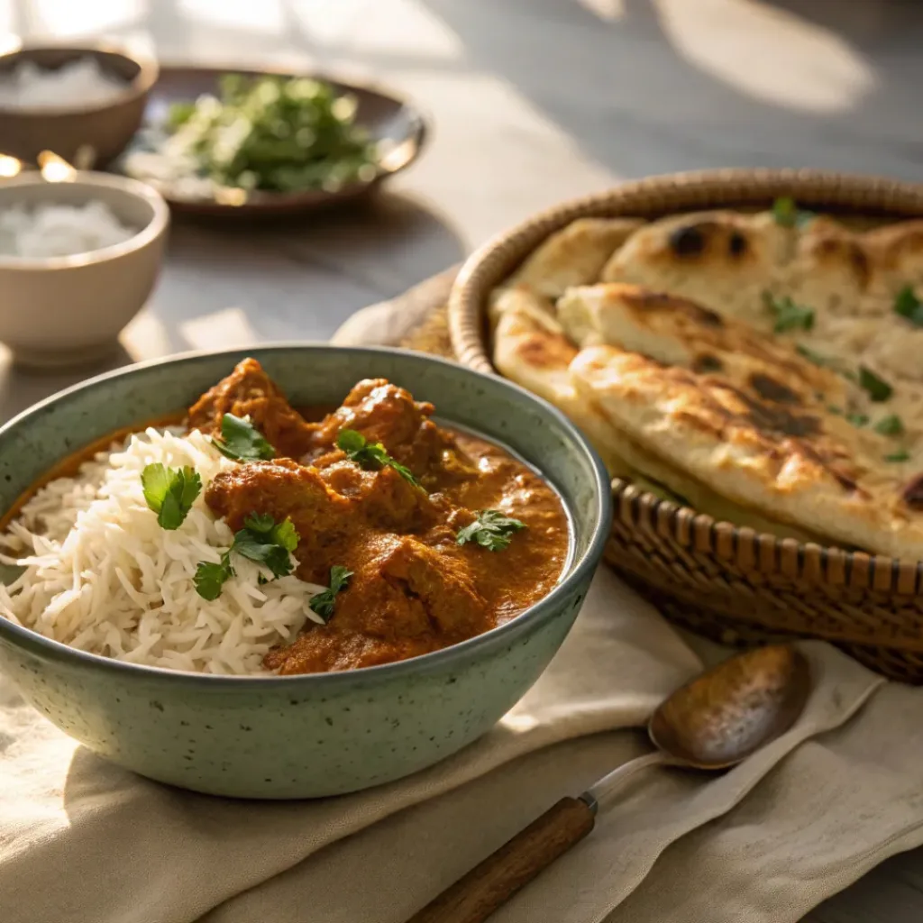 Butter chicken with rice and naan on a cozy table setup