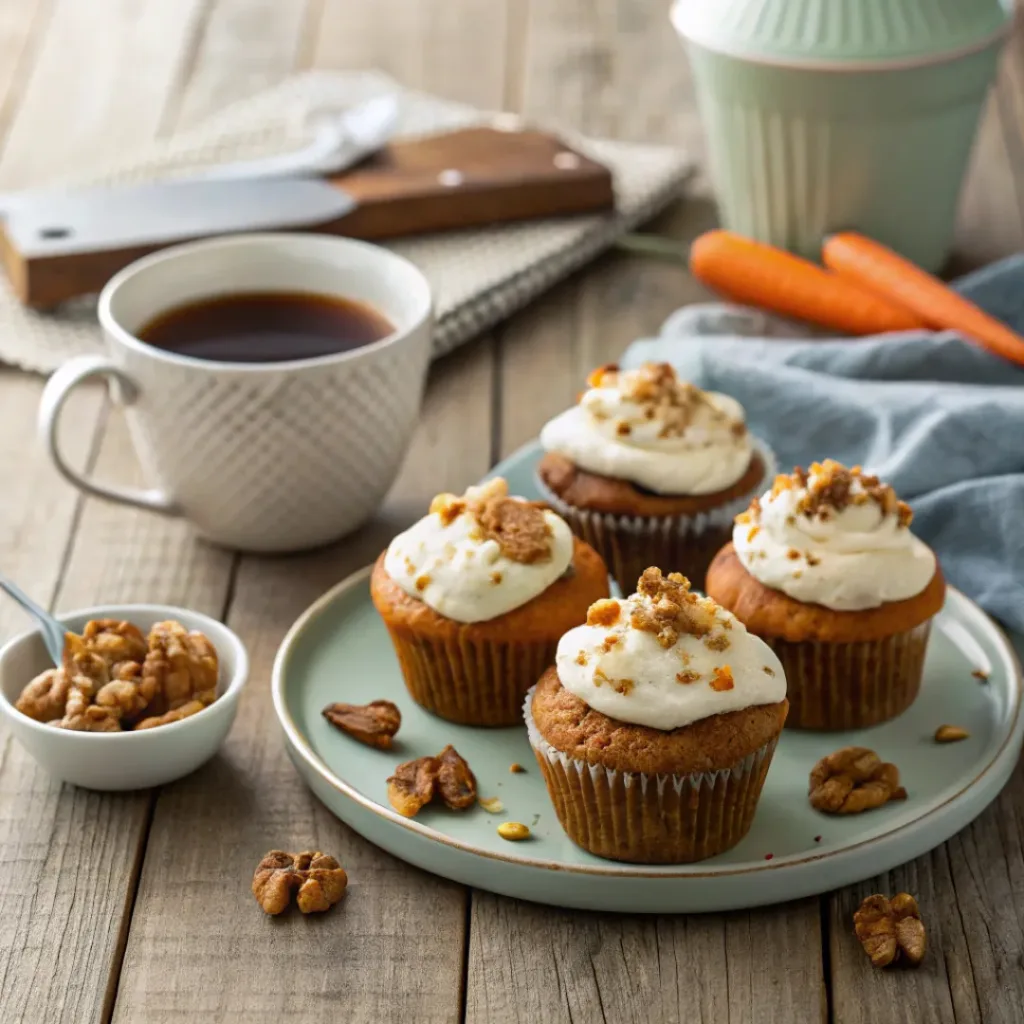 Carrot cake muffins served with cream cheese frosting and coffee.