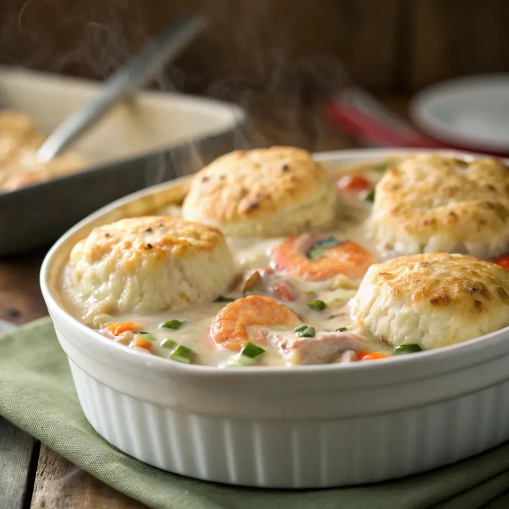 Seafood pot pie topped with cheddar bay biscuits