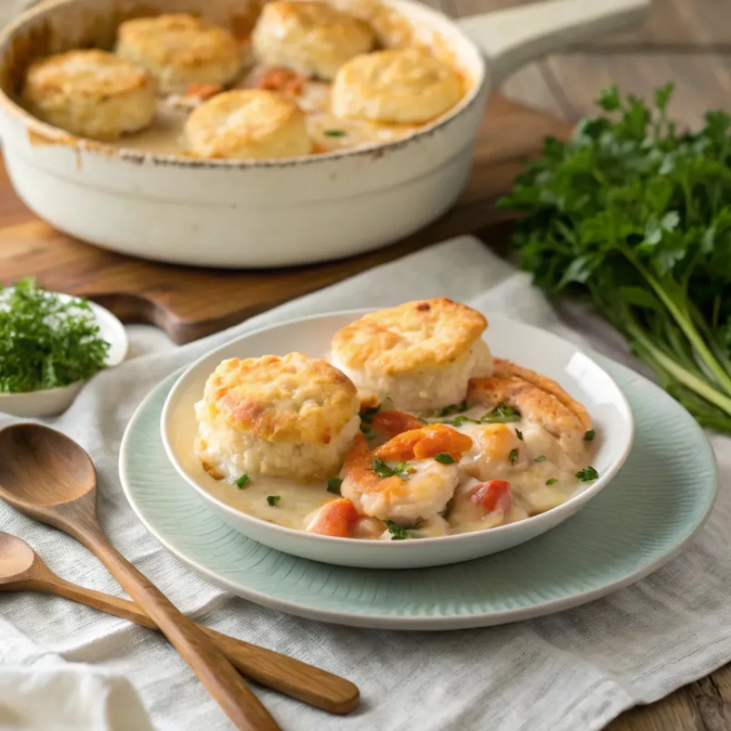 Seafood pot pie served with golden cheddar biscuits