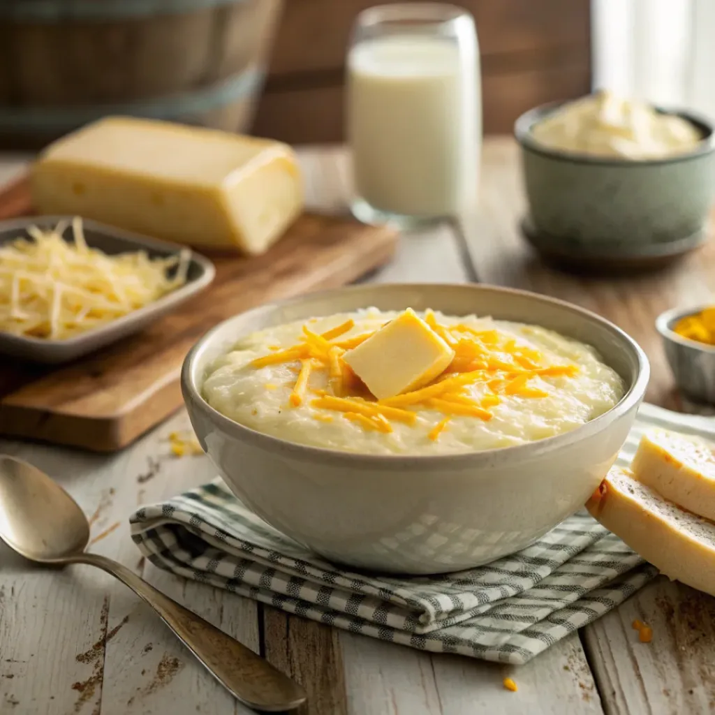 Bowl of creamy cheese grits with melted cheddar