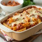 Baking dish of cheesy baked mostaccioli