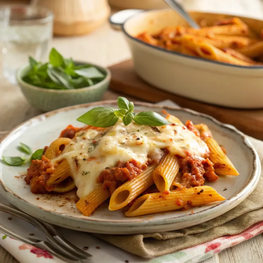 Cheesy baked mostaccioli ready to serve