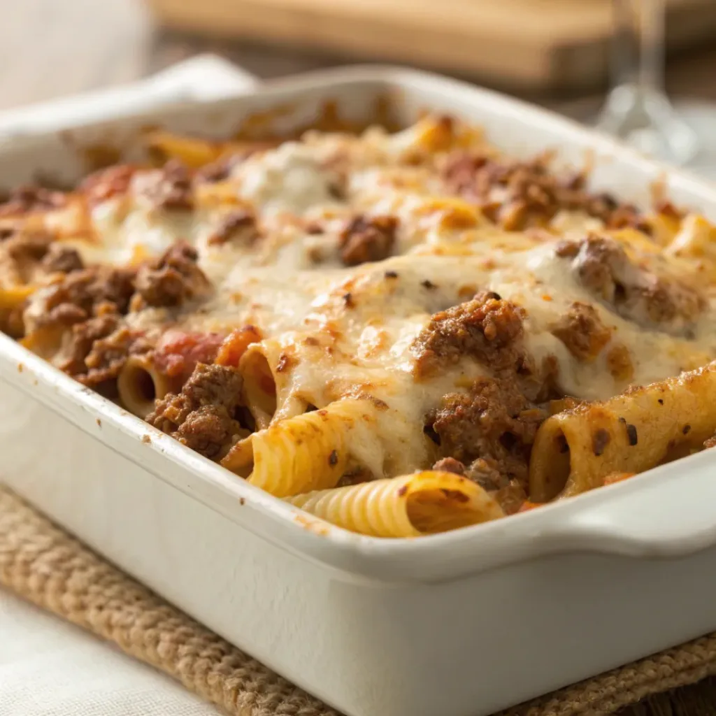 Cheesy beef and pasta casserole with melted cheese