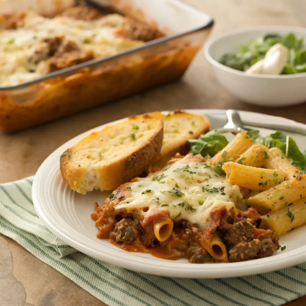 Cheesy beef and pasta casserole served with salad and garlic bread